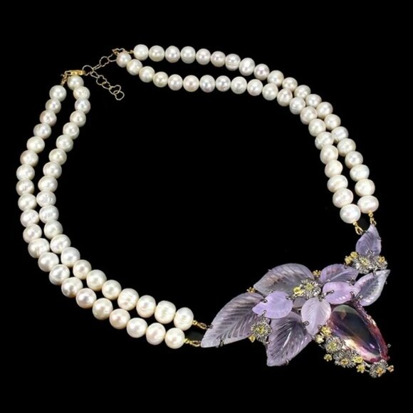 Natural Amethyst, Ametrine, Pearl‎ 925 Silver Necklace With Carved Stones - Picture 3 of 5